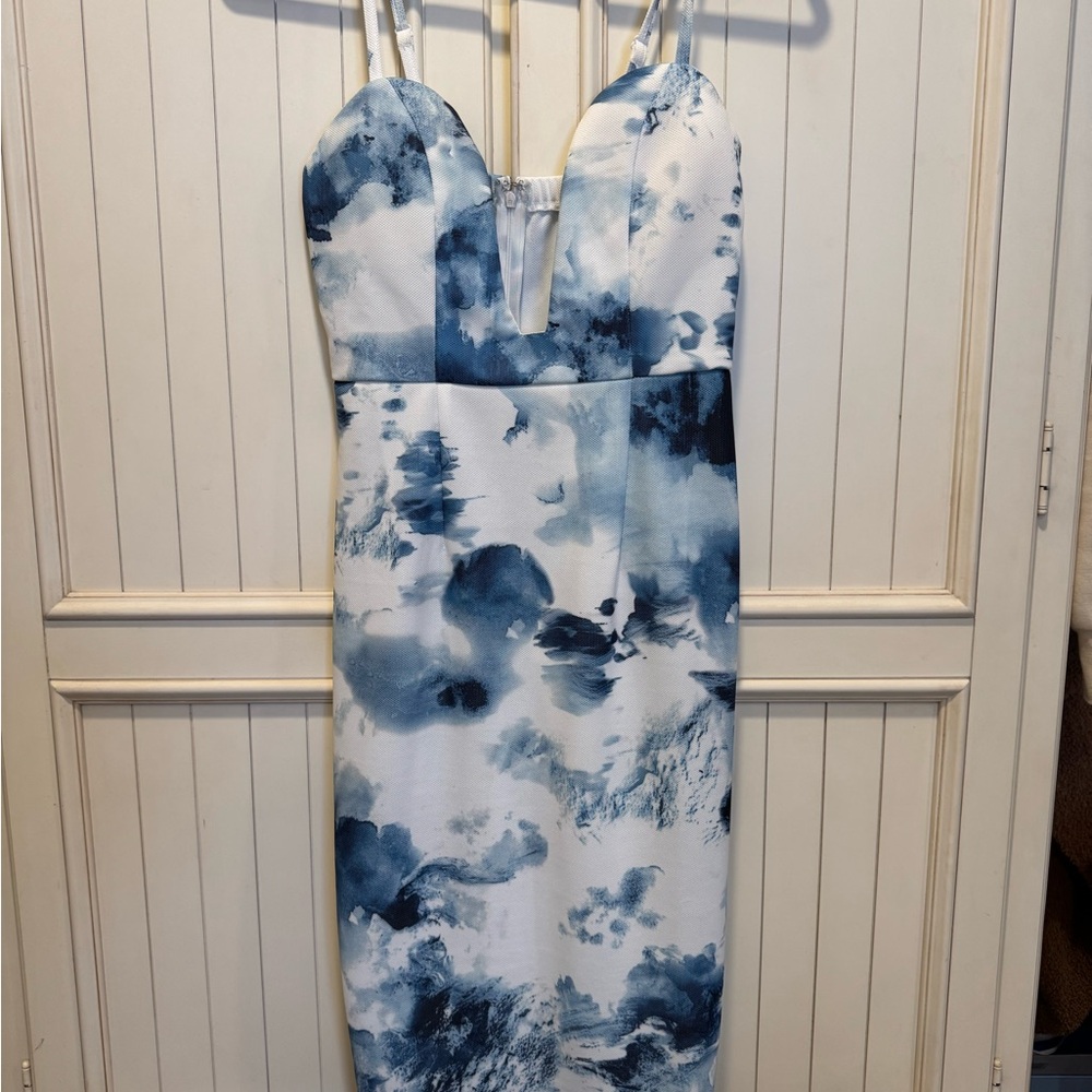 Lexi Drew Blue White Abstract Print Bodycon V-Neck Strapless Zip Dress M